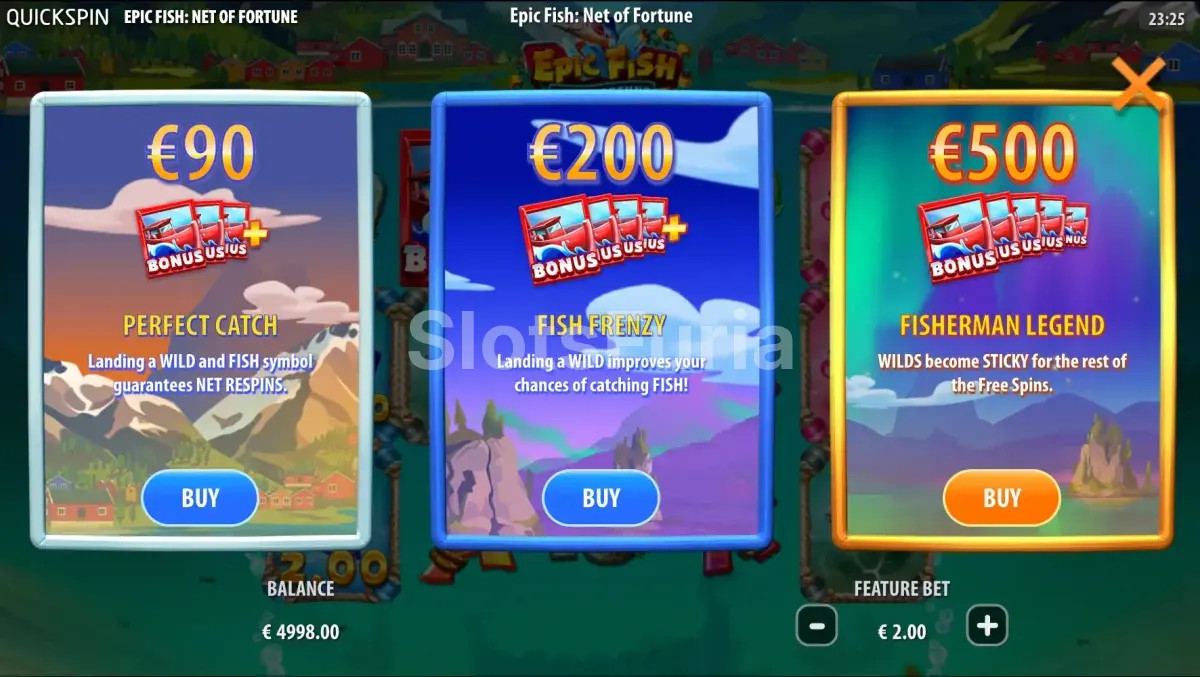 Pantalla de compra de bonus en Epic Fish Net of Fortune con las tres opciones disponibles