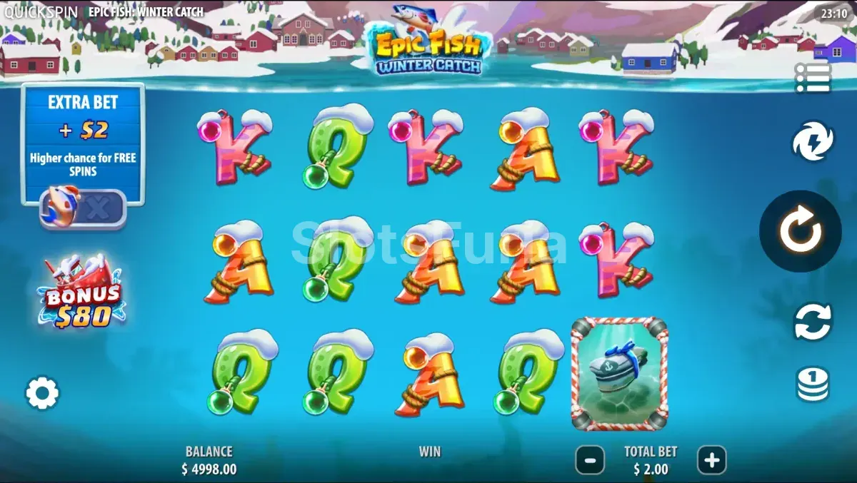 Pantalla principal de Epic Fish Winter Catch con el tablero de juego completo