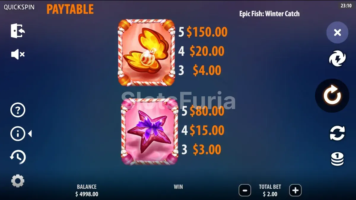 Tabla de pagos de Epic Fish Winter Catch con símbolos y multiplicadores