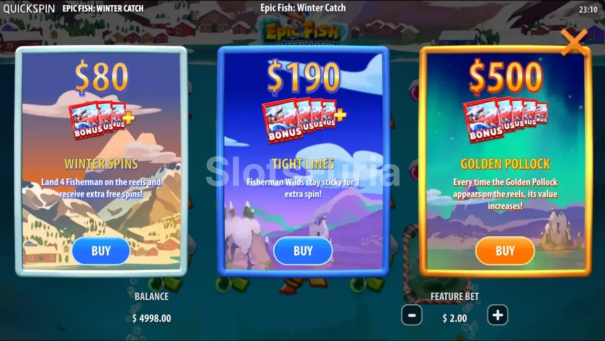 Menú de compra de bonus de Epic Fish Winter Catch con tres opciones