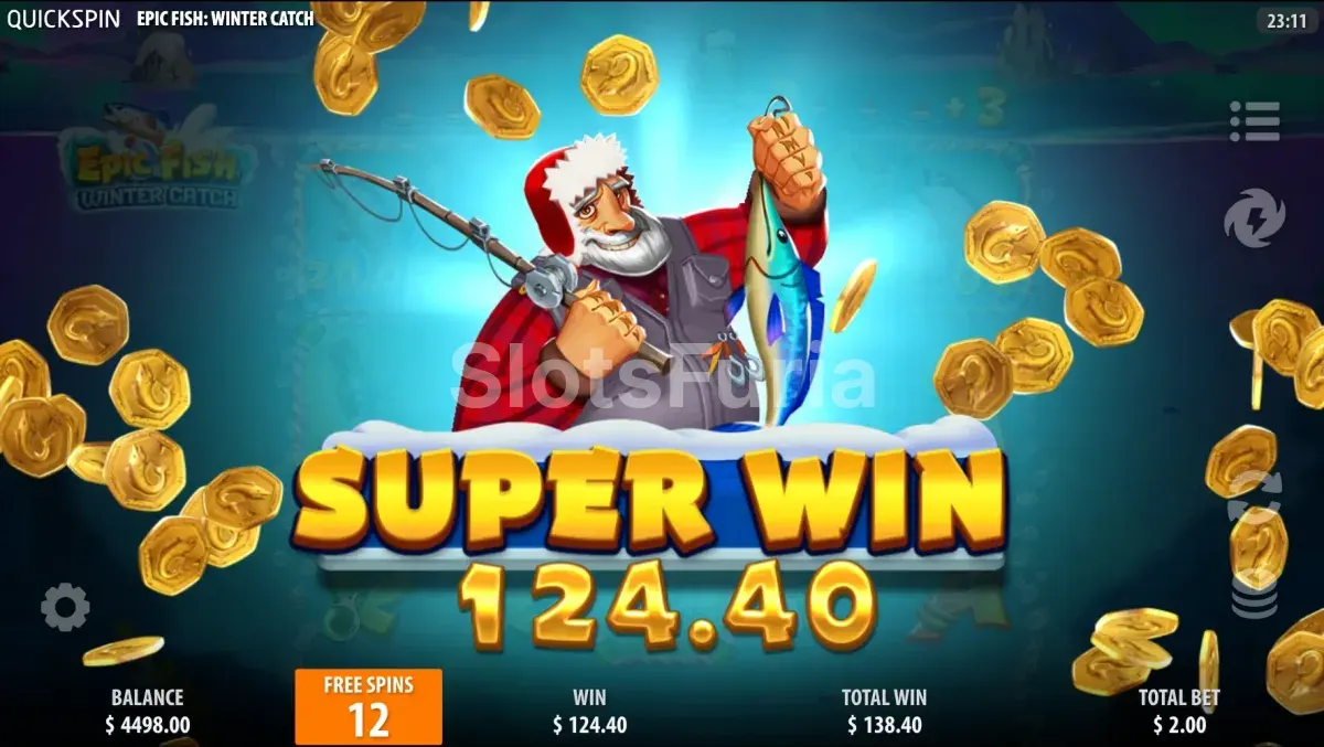 Gran victoria en Epic Fish Winter Catch con multiplicador épico en pantalla