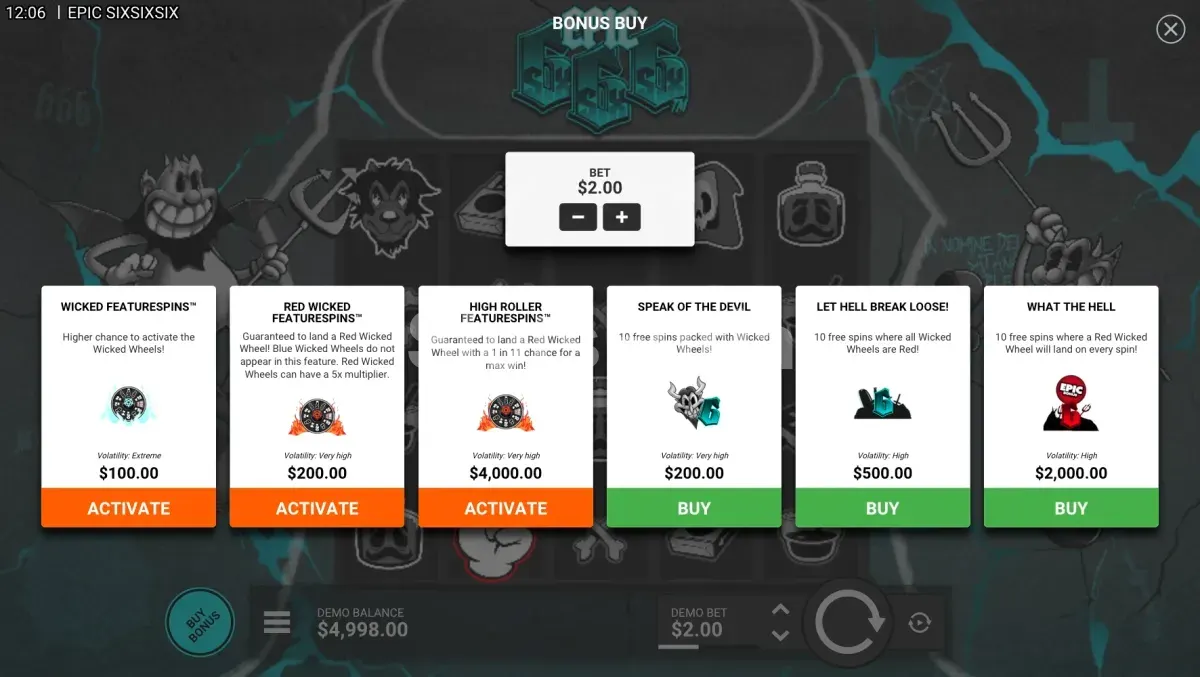 Menú de compra de bono de Epic SixSixSix con sus seis opciones