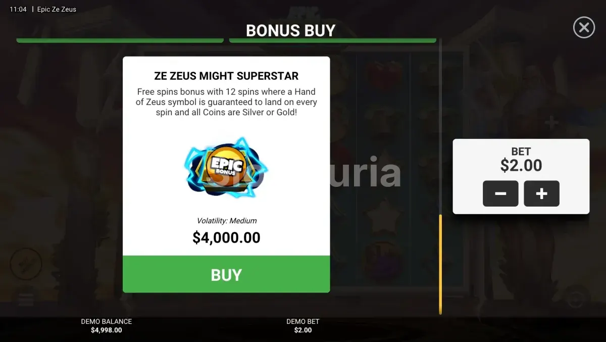 Menú de compra de bonos de Epic Ze Zeus con cinco opciones disponibles