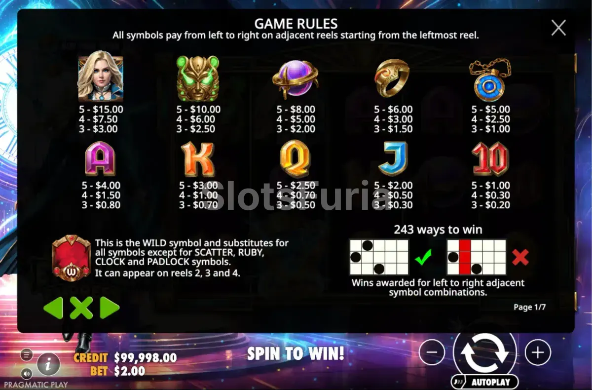 Tabla de pagos de Eternal Empress Freeze Time con todos los símbolos y valores
