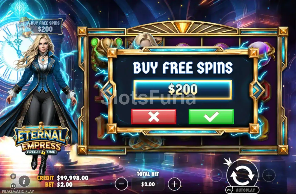Pantalla de compra de bonus en Eternal Empress Freeze Time y sus opciones disponibles