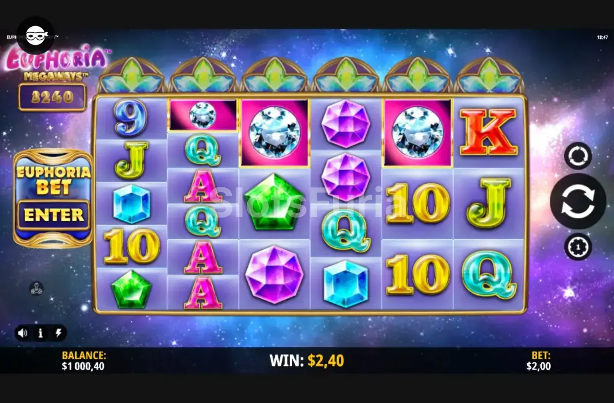 Juego base de Euphoria Megaways con rodillos en acción