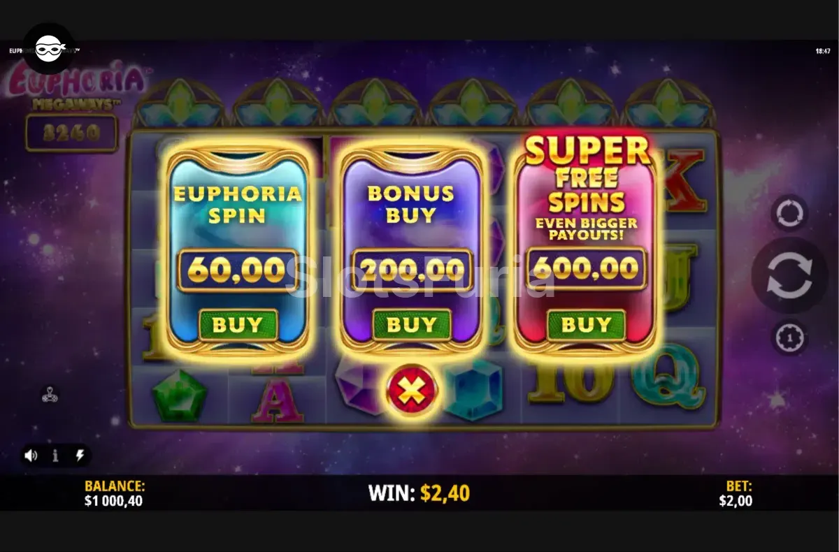 Pantalla de compra de bonus en Euphoria Megaways
