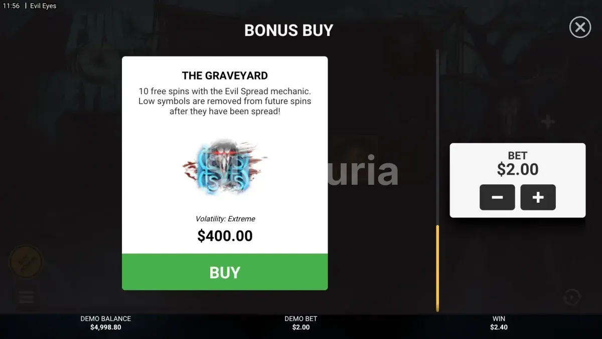 Menú de compra de bonos de Evil Eyes con las cinco opciones disponibles