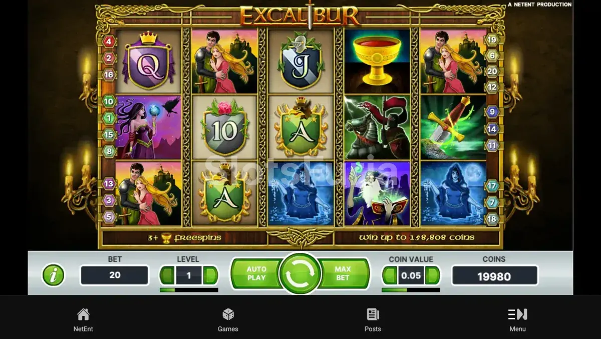 Pantalla principal del juego Excalibur con sus cinco rodillos medievales