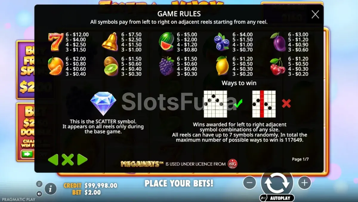 Tabla de pagos de Extra Juicy Megaways con los símbolos y multiplicadores