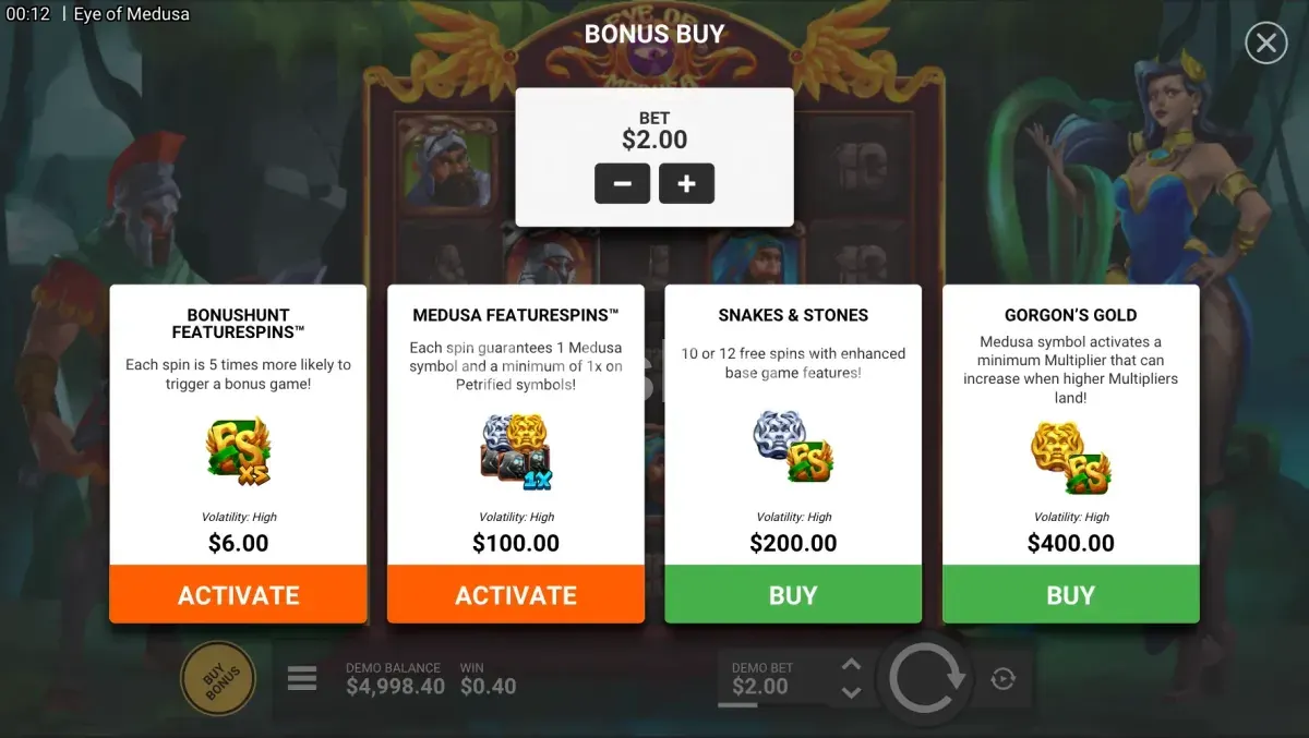 Menú de compra de bonos de Eye of Medusa