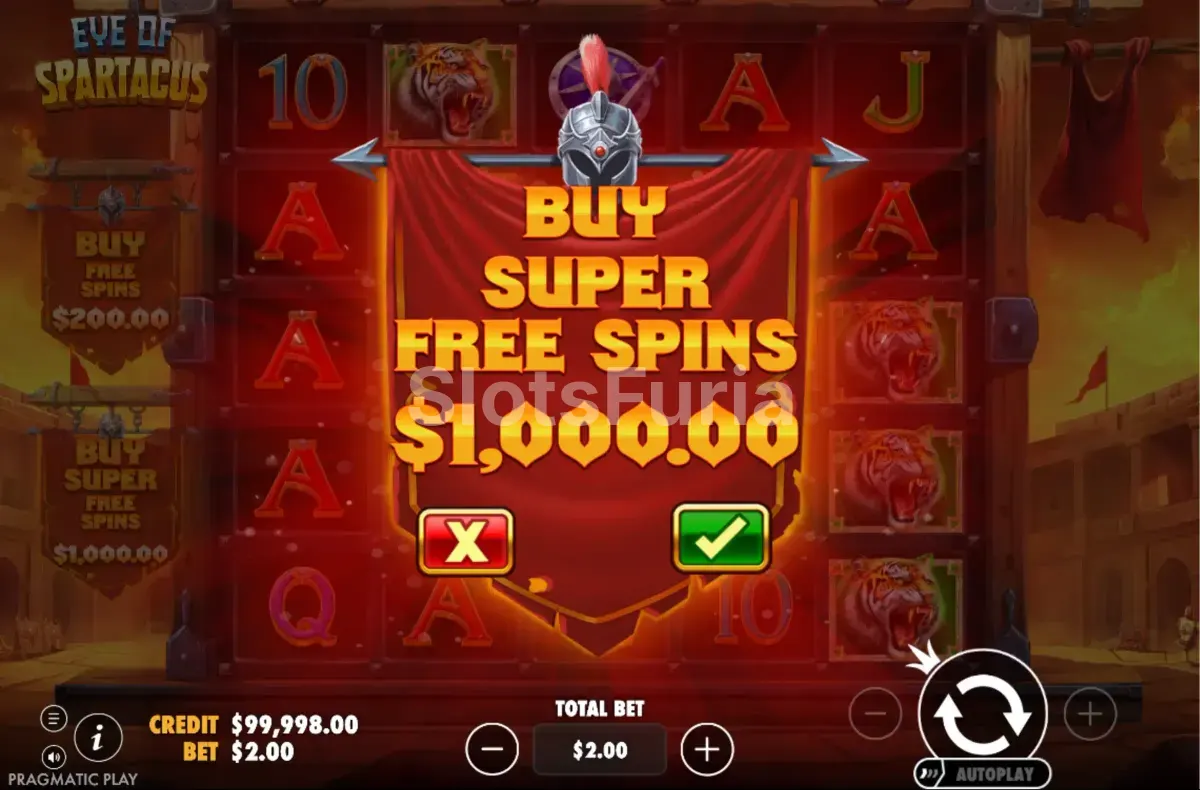 Función de compra de bonos en Eye of Spartacus para acceder a las tiradas gratis