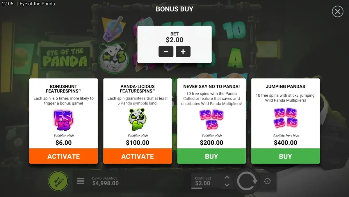 Pantalla de compra de bonos de Eye of the Panda con opciones disponibles