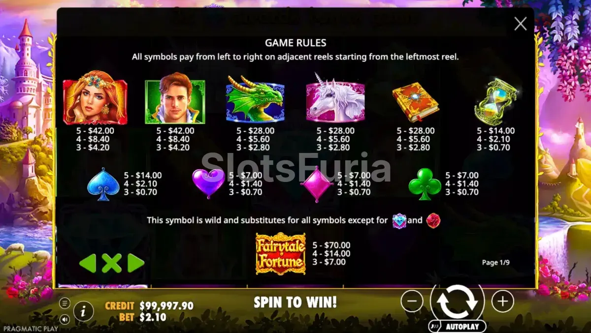 Tabla de pagos y símbolos de Fairytale Fortune