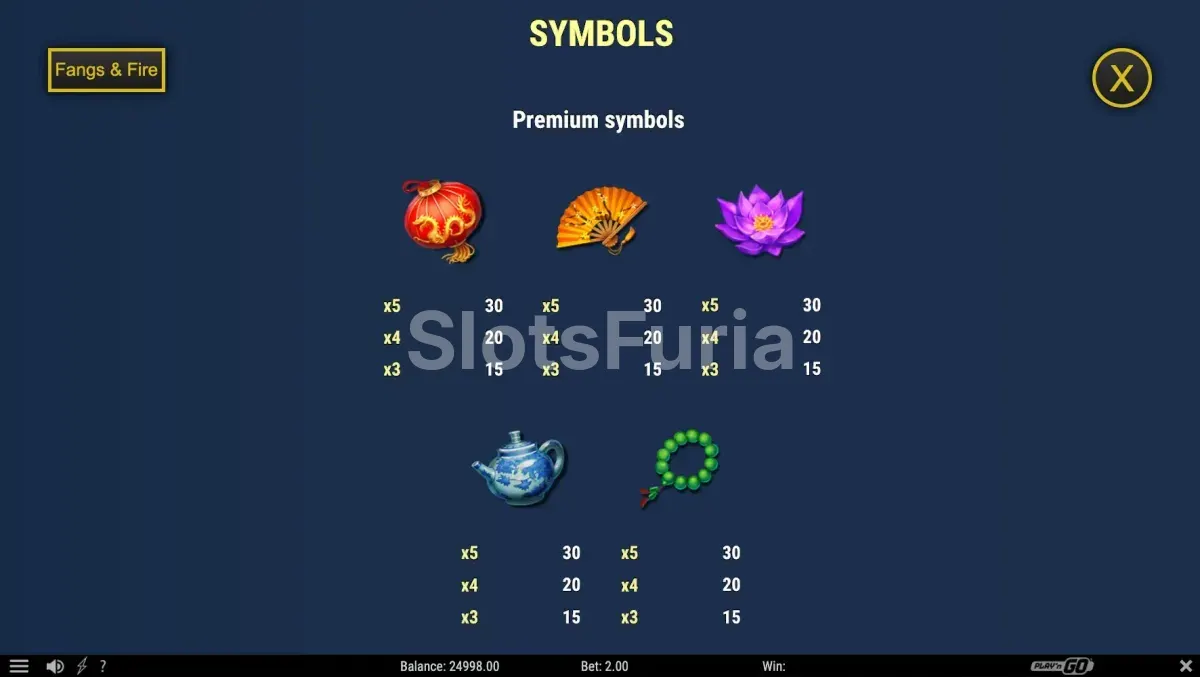 Tabla de pagos de Fangs & Fire con los símbolos y valores
