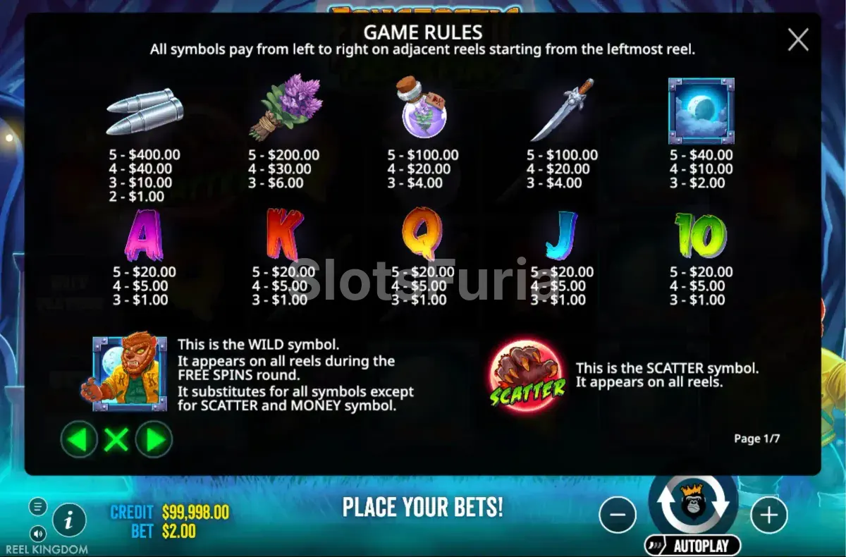 Tabla de pagos de Fangtastic Freespins mostrando símbolos y multiplicadores