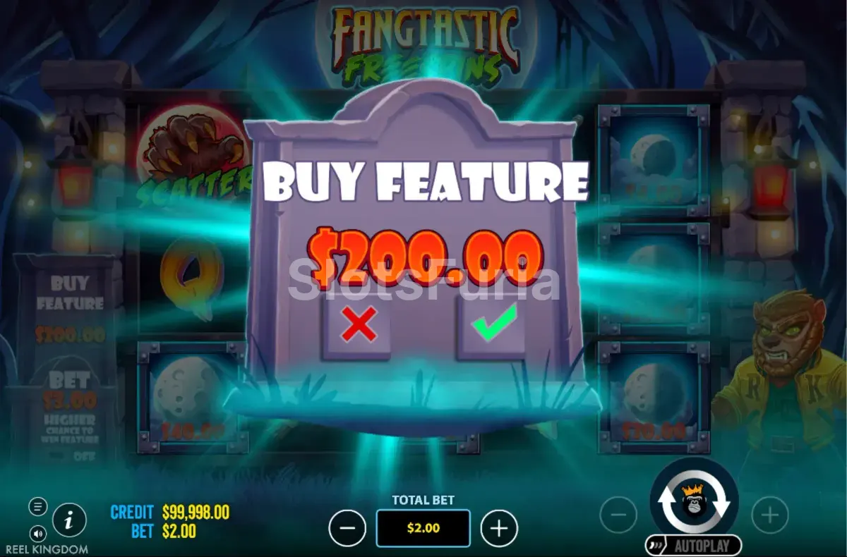 Interfaz de compra de bono de Fangtastic Freespins con opciones de activación directa