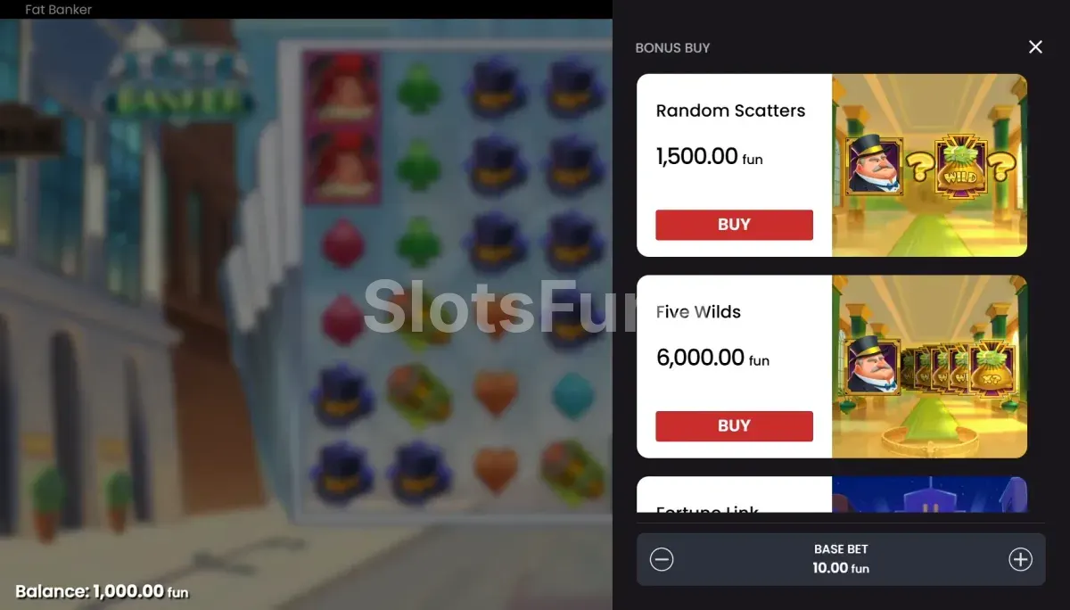 Menú de compra de bonus en Fat Banker con las diferentes opciones disponibles
