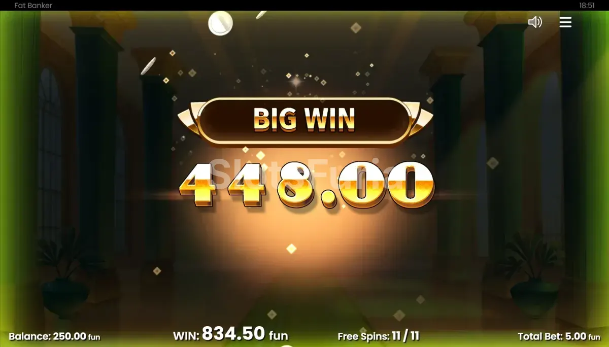Pantalla de gran ganancia en Fat Banker mostrando el multiplicador máximo alcanzado
