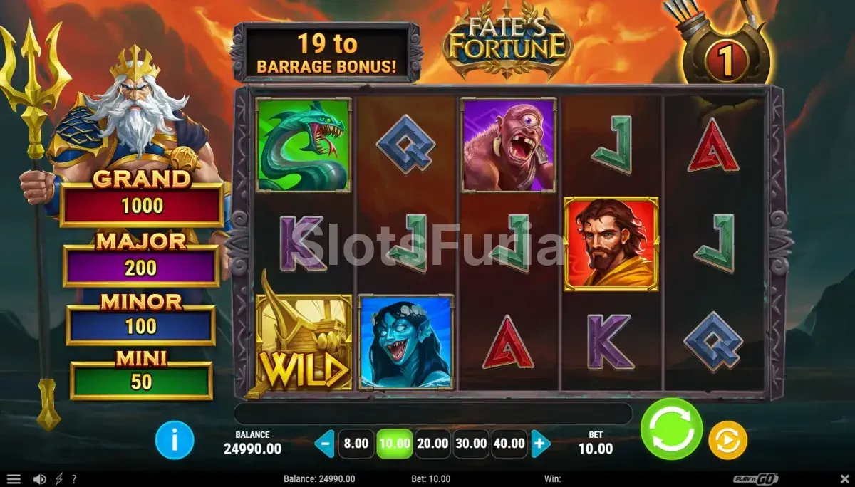Pantalla principal del juego Fate's Fortune con Ulises y el océano tormentoso