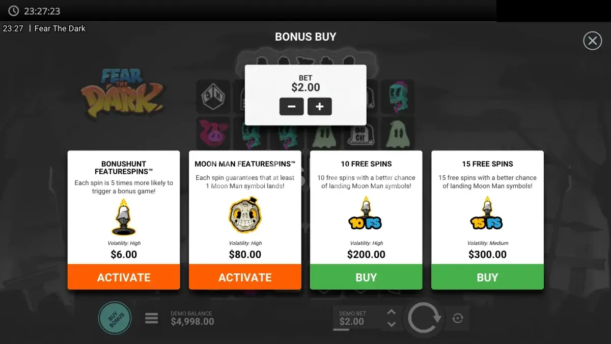 Pantalla de compra de bonus en Fear the Dark