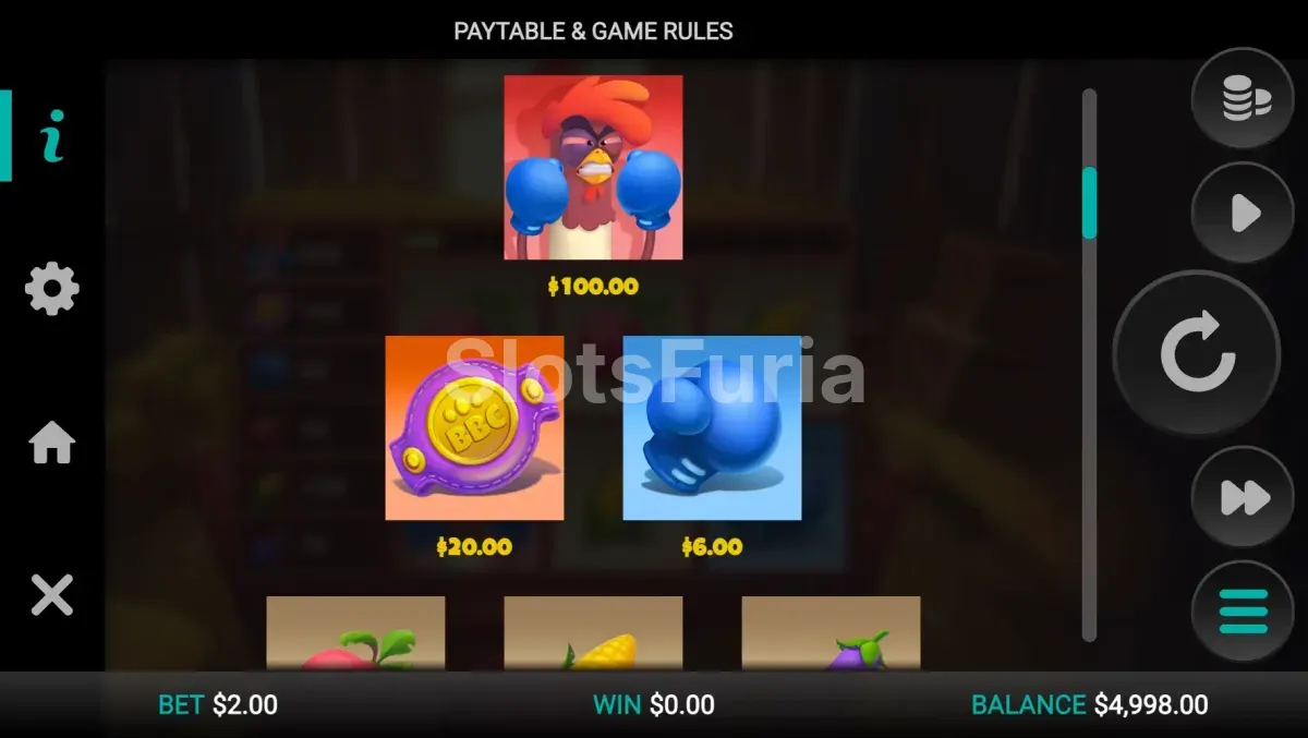 Tabla de pagos de Feather Fury y valores de los símbolos