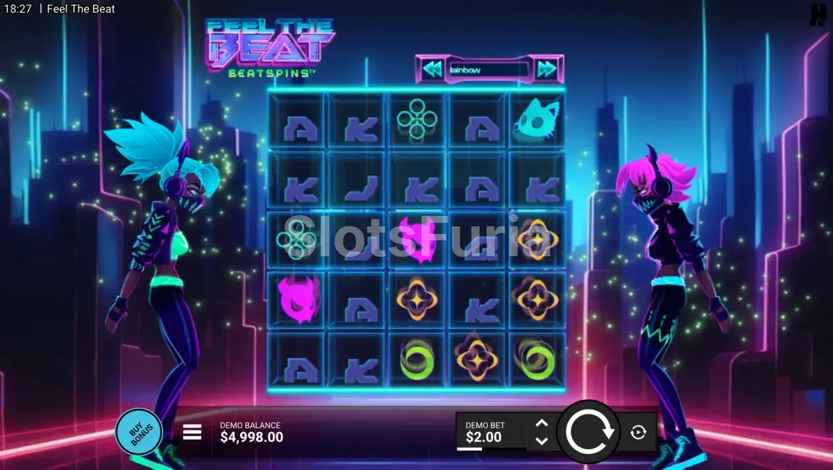 Pantalla principal del juego base en Feel the Beat de Hacksaw Gaming