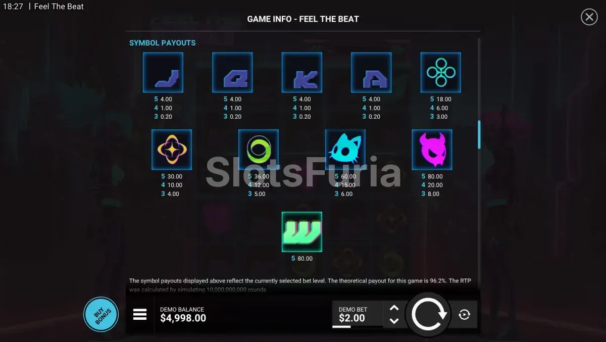 Tabla de pagos y símbolos de Feel the Beat de Hacksaw Gaming