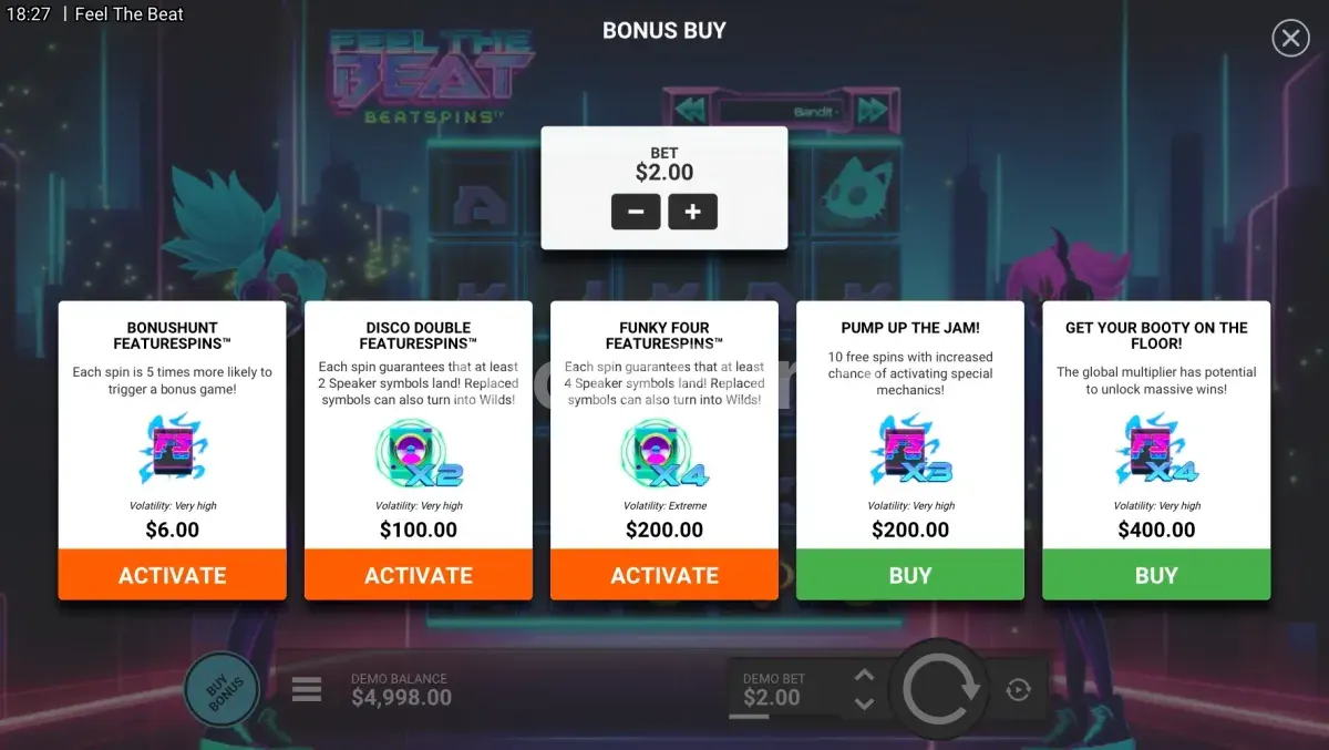 Pantalla de compra de bonus en Feel the Beat de Hacksaw Gaming