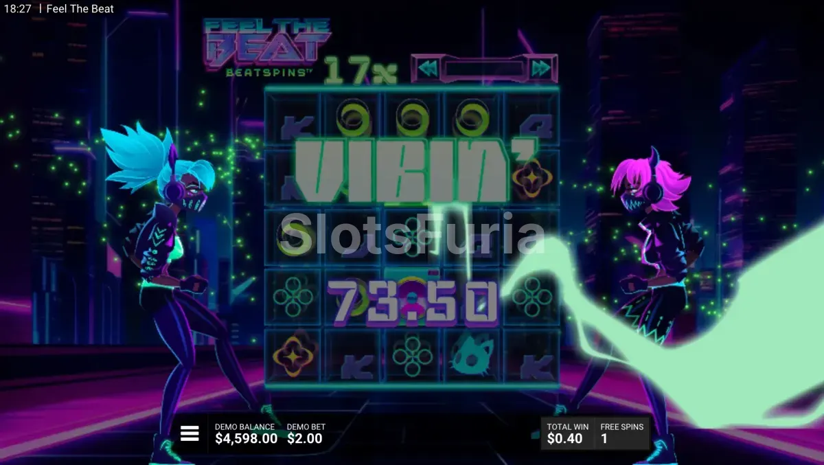 Pantalla de gran victoria en Feel the Beat de Hacksaw Gaming