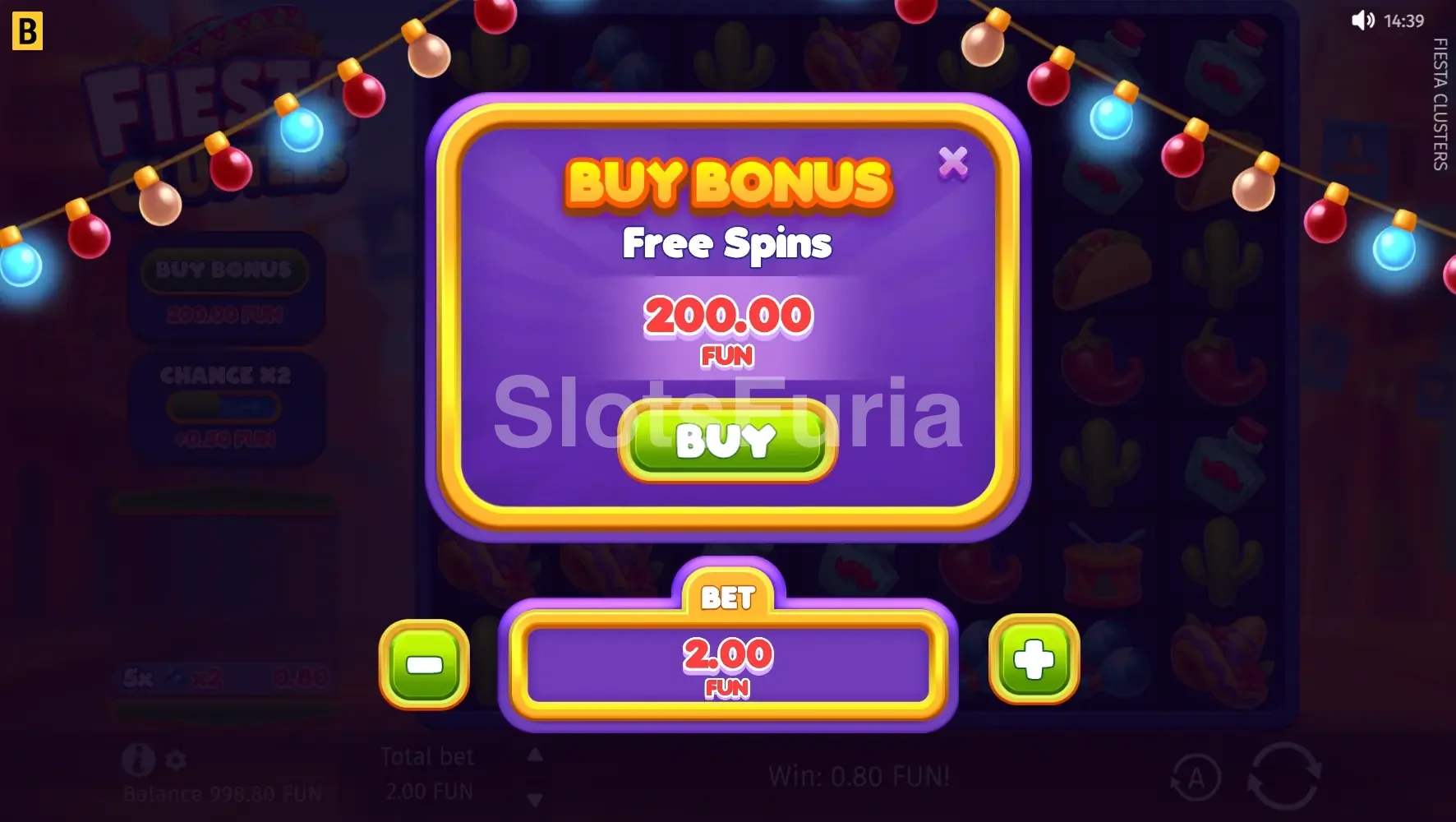 Pantalla de compra de bonus en Fiesta Clusters de BGaming