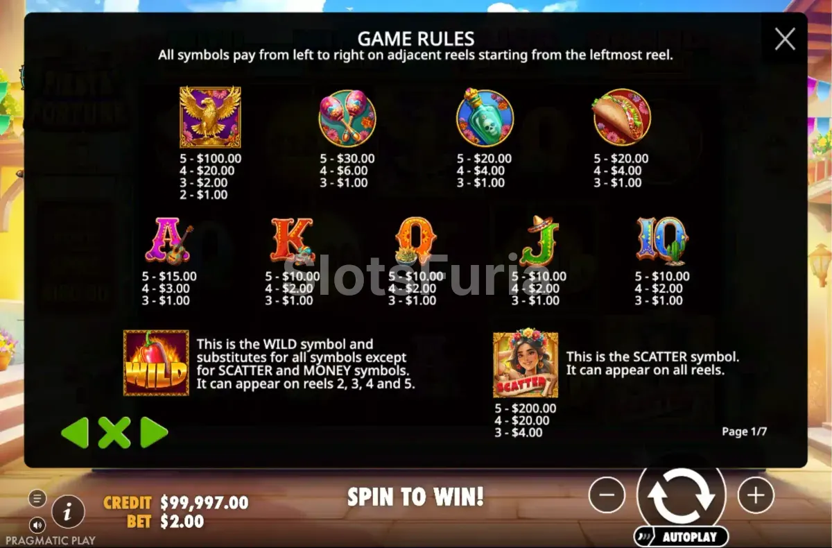 Tabla de pagos completa de Fiesta Fortune con todos los símbolos