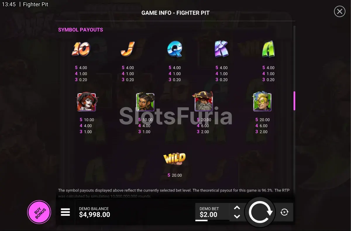 Tabla de pagos de Fighter Pit mostrando los símbolos y sus valores