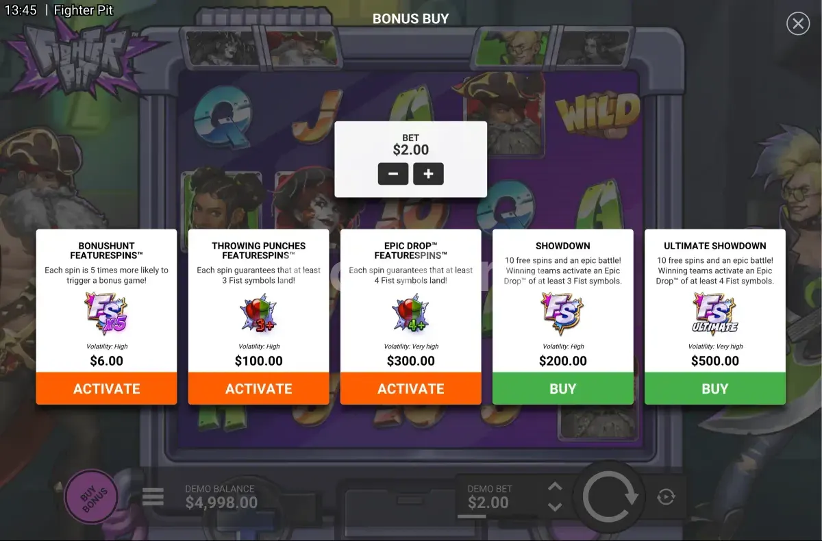 Menú de compra de bonos de Fighter Pit con las opciones disponibles