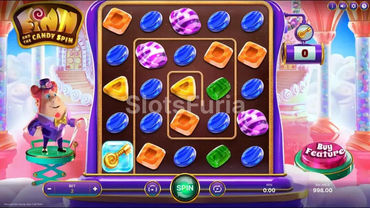 Pantalla principal del juego Finn and The Candy Spin con tablero lleno de caramelos de colores