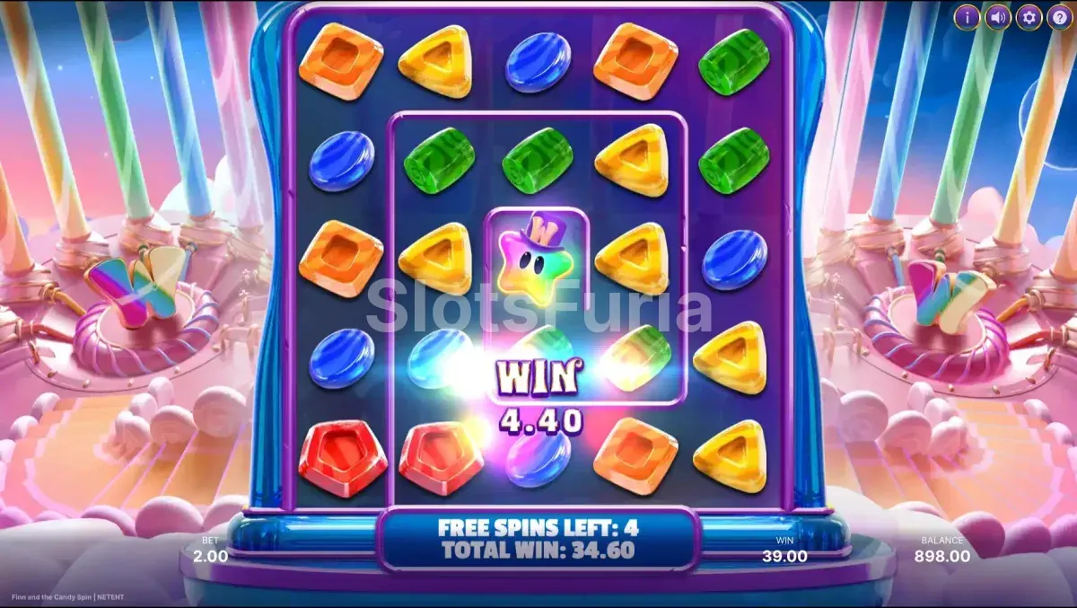 Pantalla de giros gratuitos activados en Finn and The Candy Spin con efectos visuales especiales