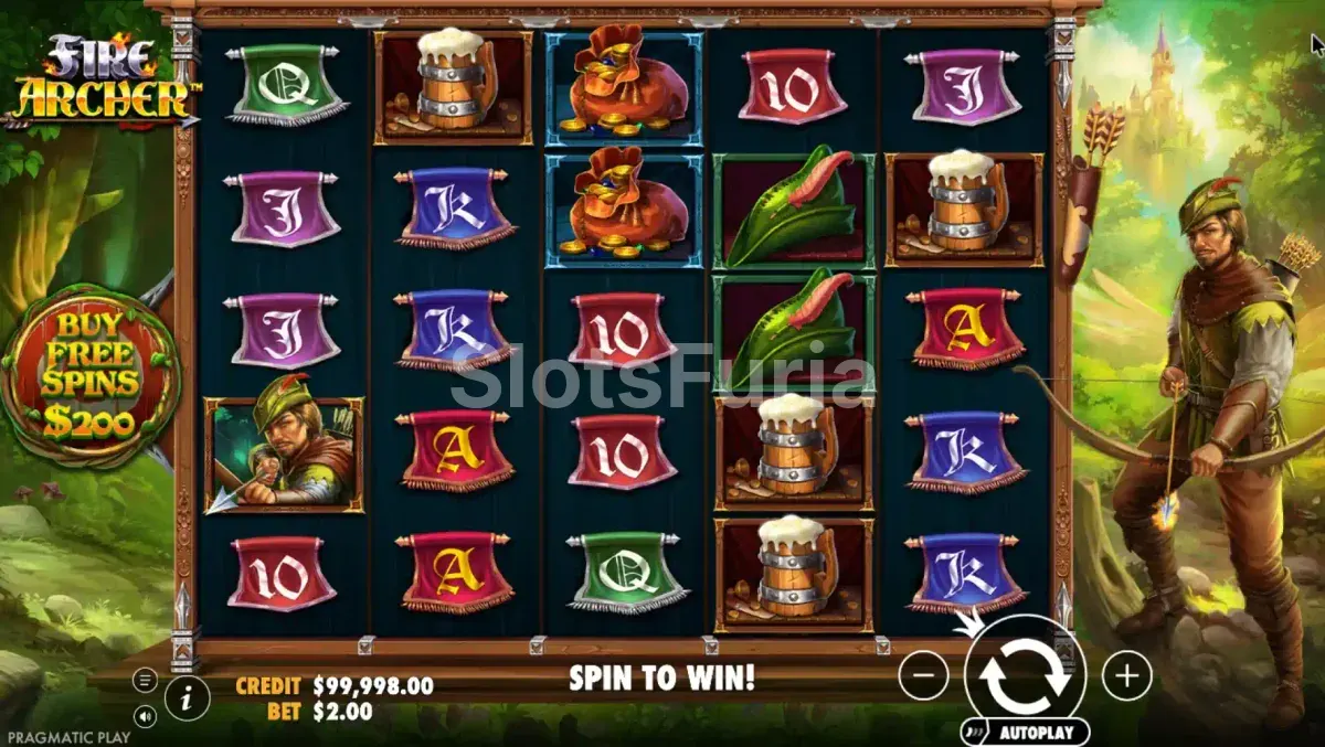 Pantalla principal del juego Fire Archer con el arquero y el bosque medieval