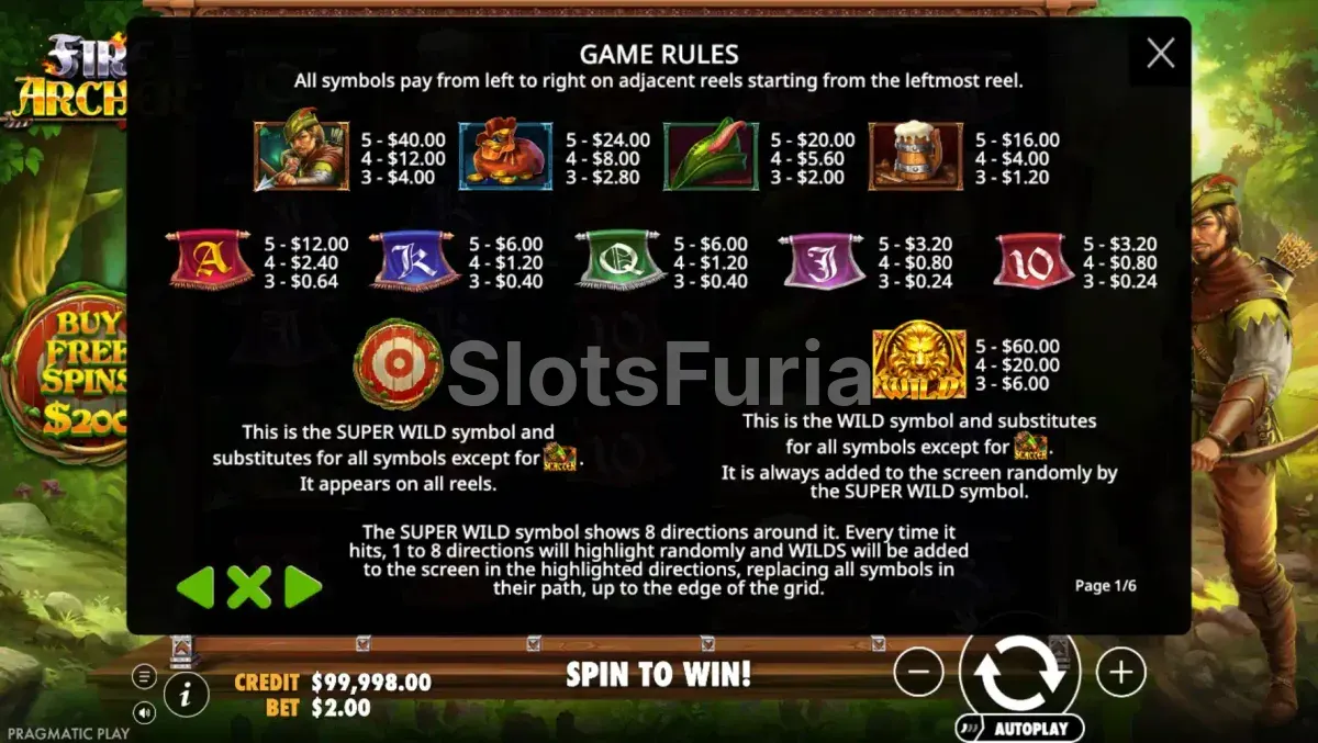 Tabla de pagos de Fire Archer con todos los símbolos y sus valores