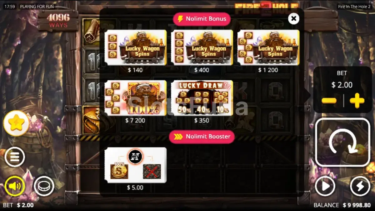 Pantalla de compra de bonos en Fire In The Hole 2