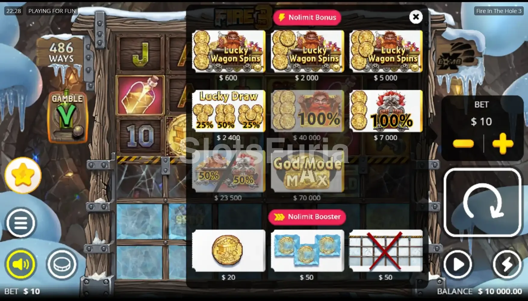 Pantalla de compra de bonus de Fire in the Hole 3 con las diferentes opciones disponibles