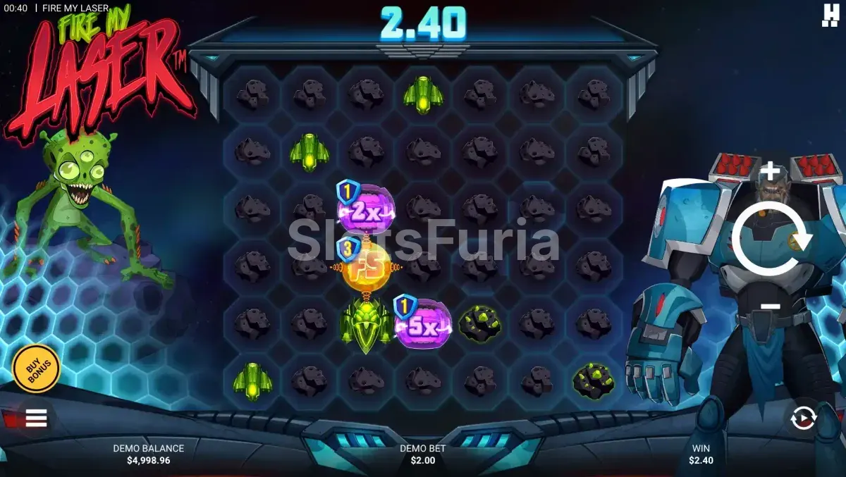 Cuadrícula de asteroides de Fire My Laser, tragamonedas espacial de Hacksaw Gaming
