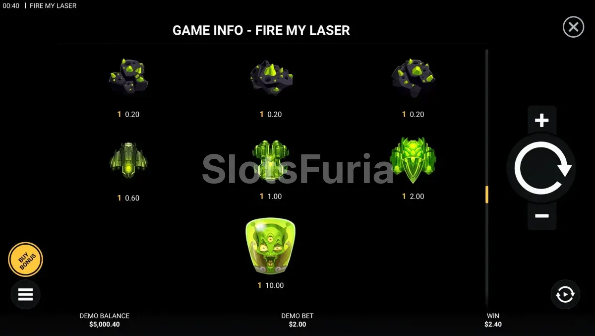 Tabla de pagos detallada de Fire My Laser con todos los símbolos