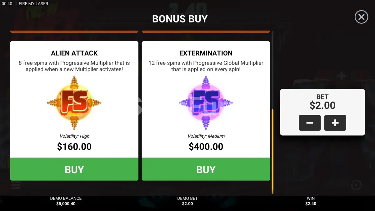 Opciones de compra de bonos disponibles en Fire My Laser