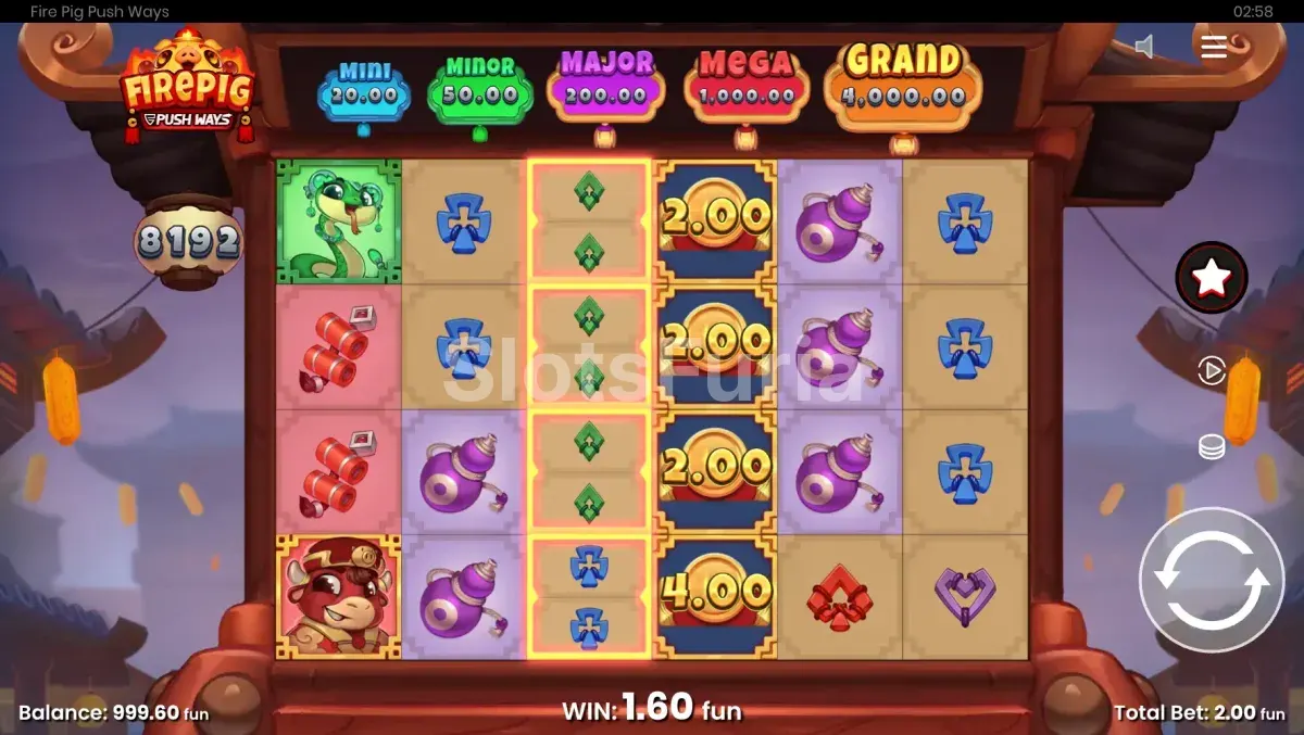 Pantalla principal del juego Fire Pig Push Ways con cuadrícula 6x4