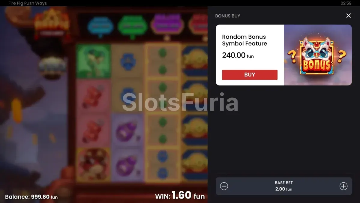 Pantalla de compra de bonus en Fire Pig Push Ways
