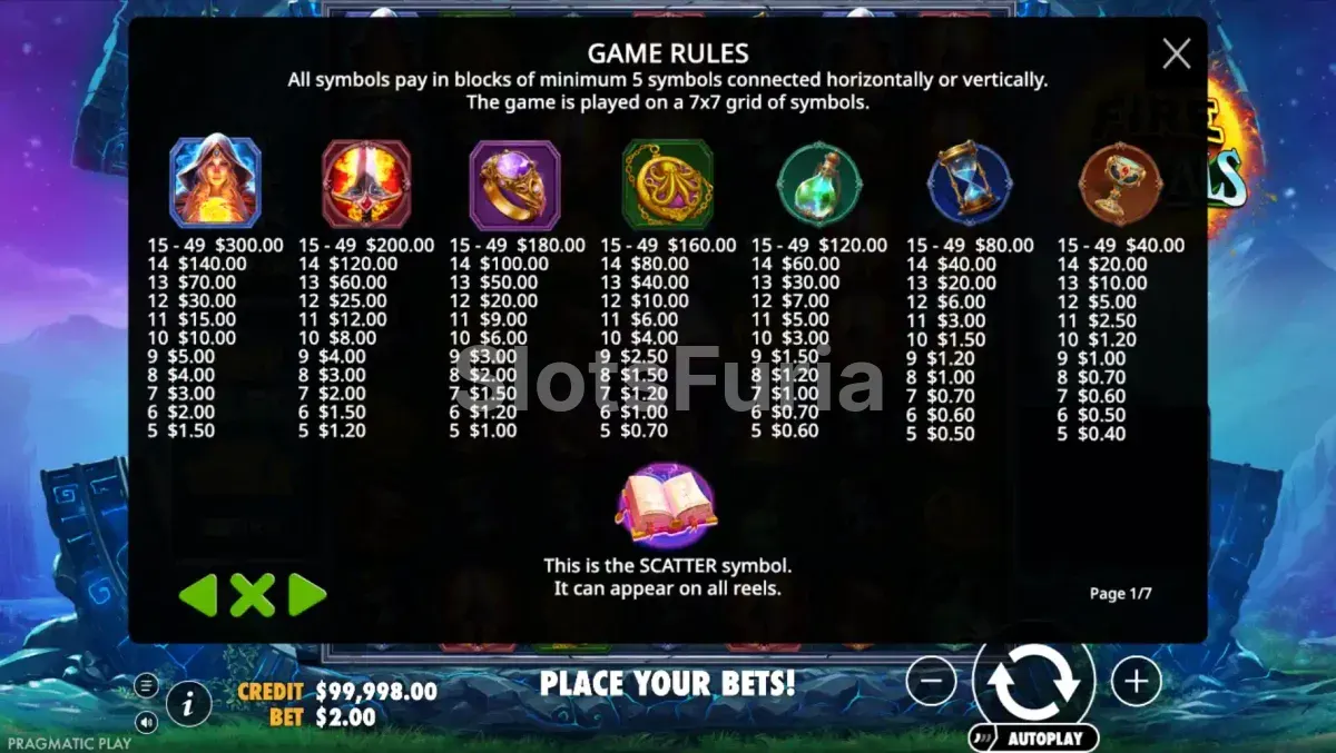 Tabla de pagos de la tragamonedas Fire Portals