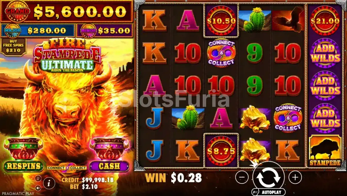 Pantalla principal del juego Fire Stampede Ultimate con la cuadrícula de 6x5