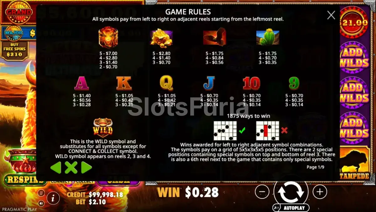 Tabla de pagos detallada de Fire Stampede Ultimate con todos los símbolos