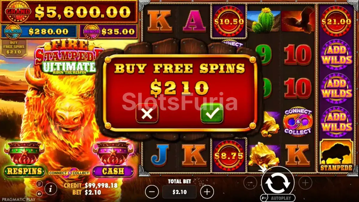 Pantalla de compra de bono en Fire Stampede Ultimate con opciones de activación