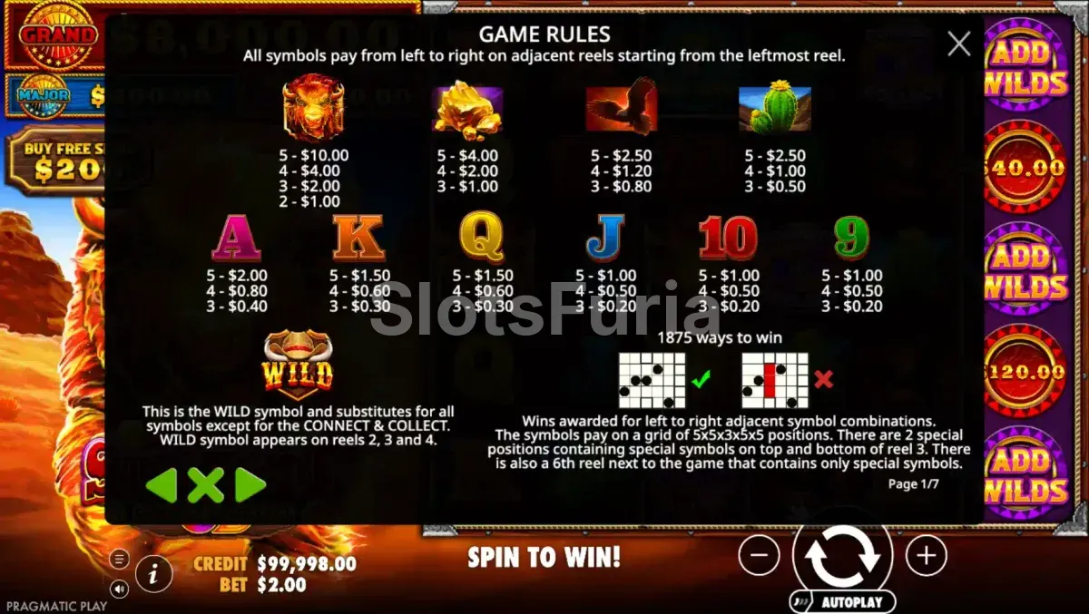 Tabla de pagos de Fire Stampede con símbolos y valores